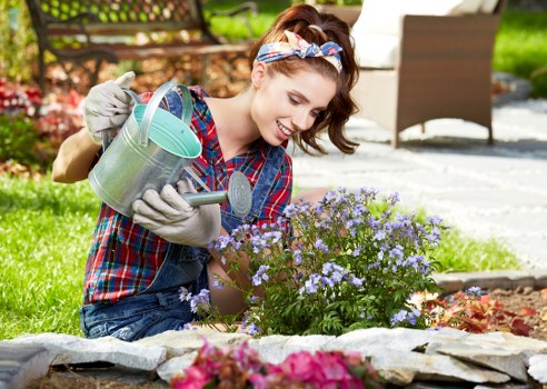 Residential outdoor garden design featuring green spaces