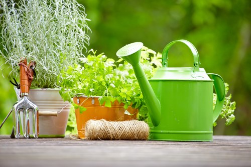 Essential gardening tools and techniques in a modern garden setting.