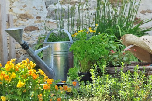 Sustainable garden design with greenery and water features